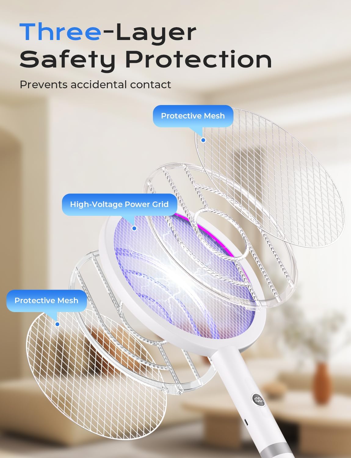YISSVIC Electric Fly Swatter Bug Zapper Racket 4000V LED Screen Dual Modes Fly Zapper Rechargeable for Indoor Home Office Backyard Patio Camping (White)