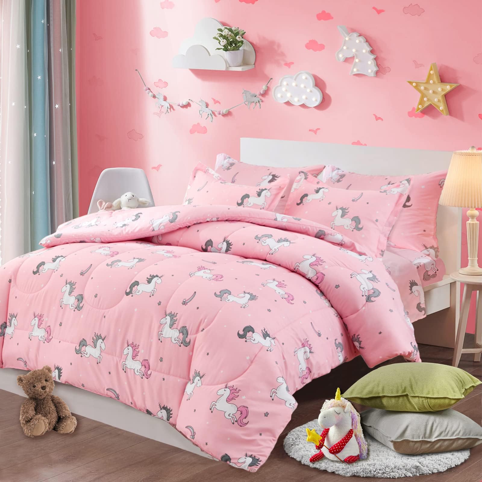 3 PC Unicorn Comforter Twin Pink with Stars and Rainbows 100% Microfiber Girls 68x88 Unicorns Duvet Insert Cute All-Season Bed Comforters with 2 Pillow Shams for Kids Teen Women