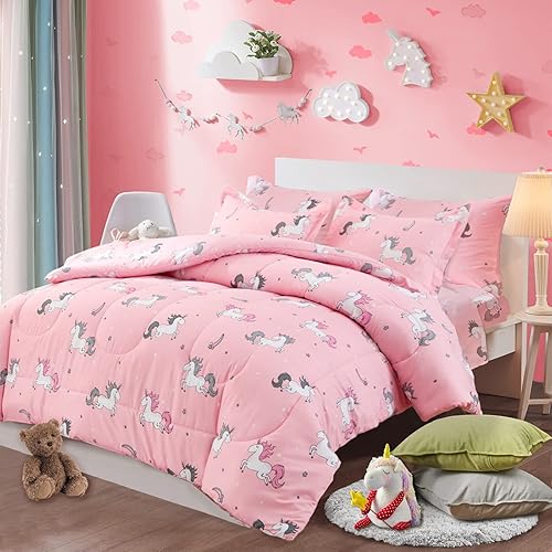 UOZZI BEDDING Bed in a Bag - Juego de edredón reversible de 6 piezas, tamaño individual, color rosa unicornio con estrella arcoíris, microfibra