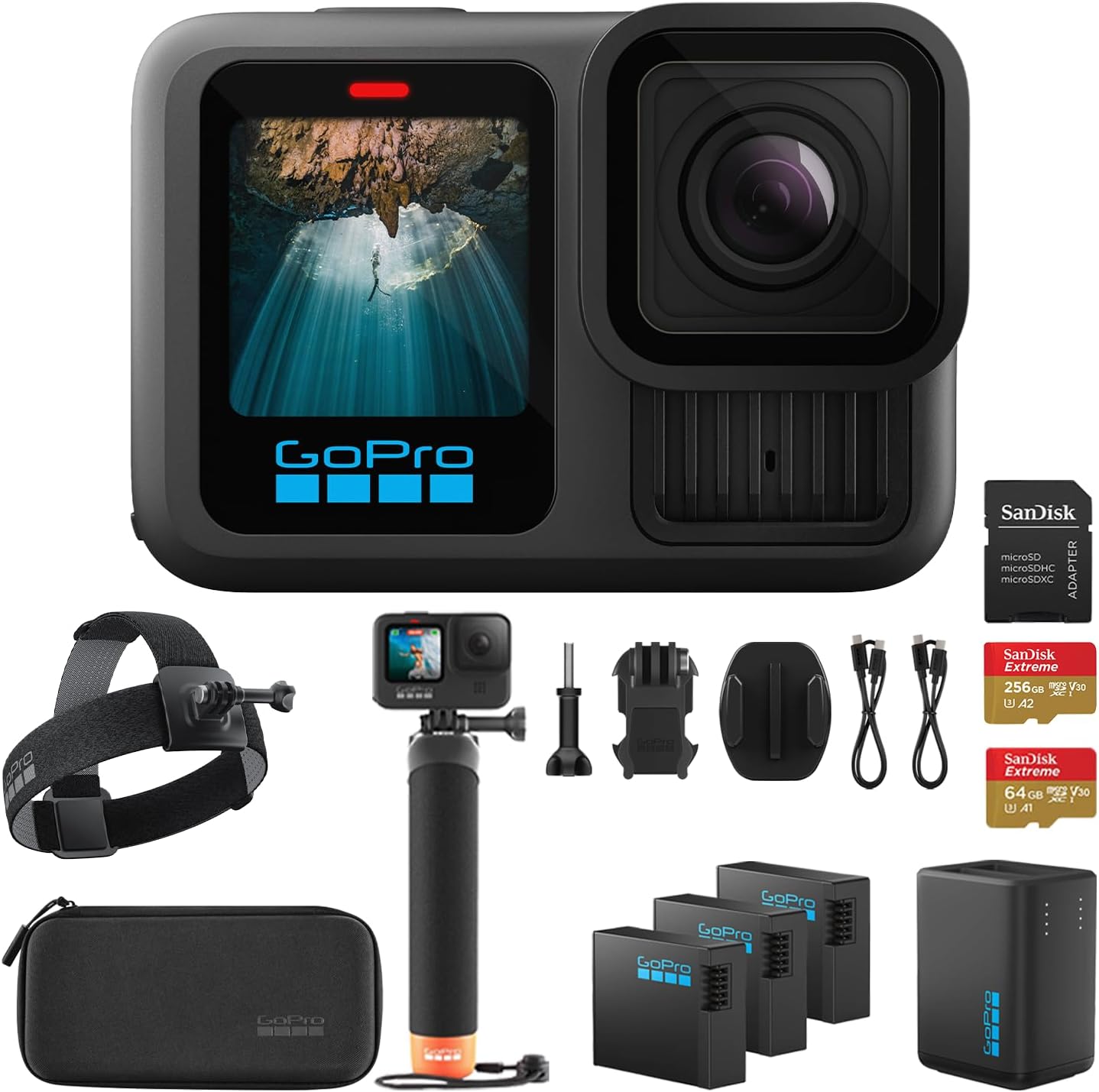 GoPro HERO13 Black Camera with 3 Enduro Batteries | Waterproof Action Camera with Dual-Battery Charger, SanDisk 64GB & 256GB Extreme SD card | Head Strap 2.0 and Handler Floating Handgrip - Bundle Kit