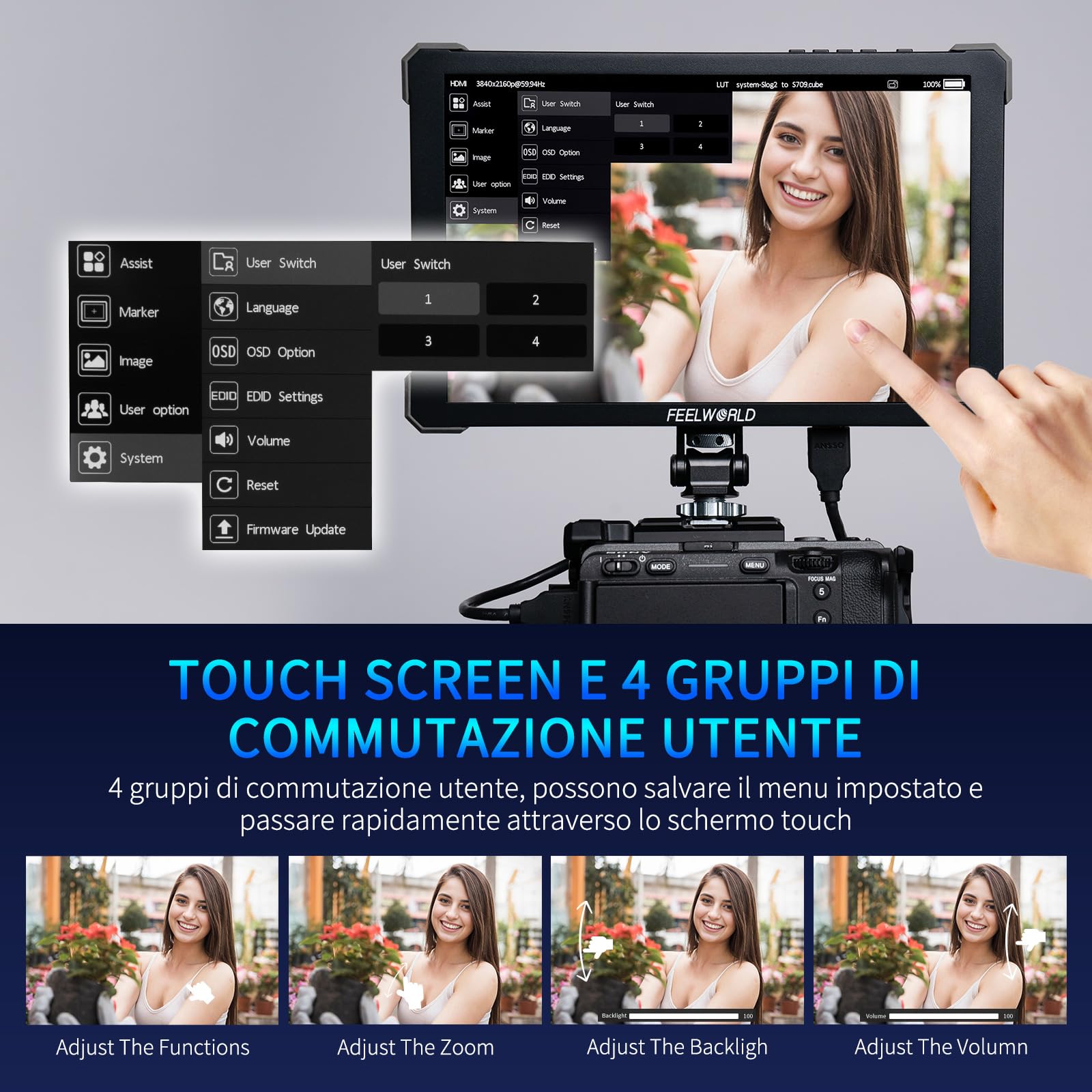 FEELWORLD T10 10.1 Pollici Alluminio Monitor da Campo Fotocamera 4k HDMI Touchscreen FHD 1920x1200 IPS,4K HDMI,3D-LUT,HDR,Waveform,NP-F970 Esterno,Grafica vettoriale