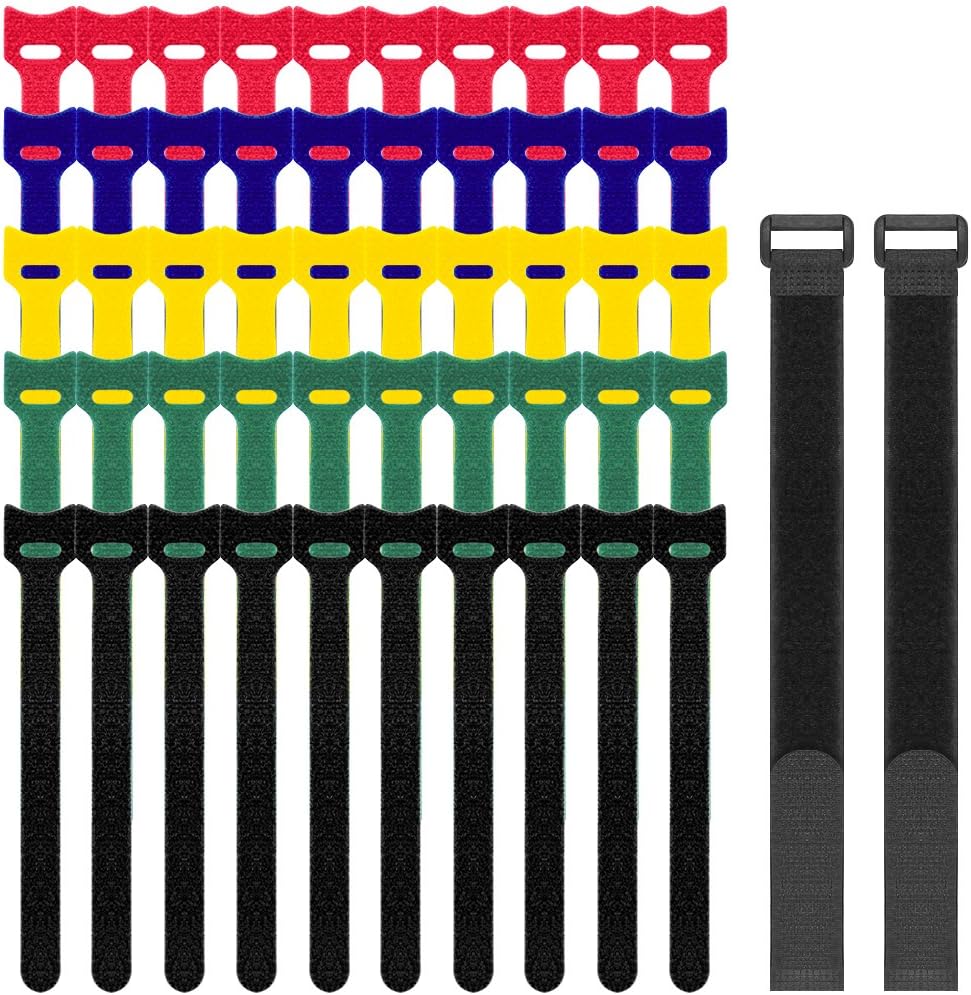 SENHAI Cable Ties, 52 Pack (50 6” Straps, 2 12” Straps) Reusable Microfiber Cloth Cable Straps, Adjustable Hook and Loop Cord Organizer Ties, Multicolor