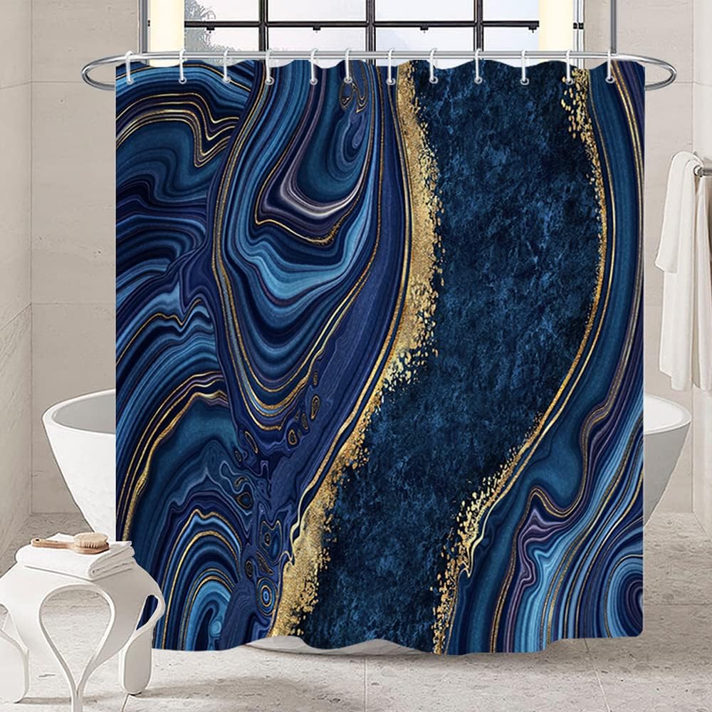 Navy Blue Shower Curtain, Marble Shower Curtain for Bathroom Stall RV Waterproof Fabric Abstract Shower Curtain Set with Hooks 72x78 inches