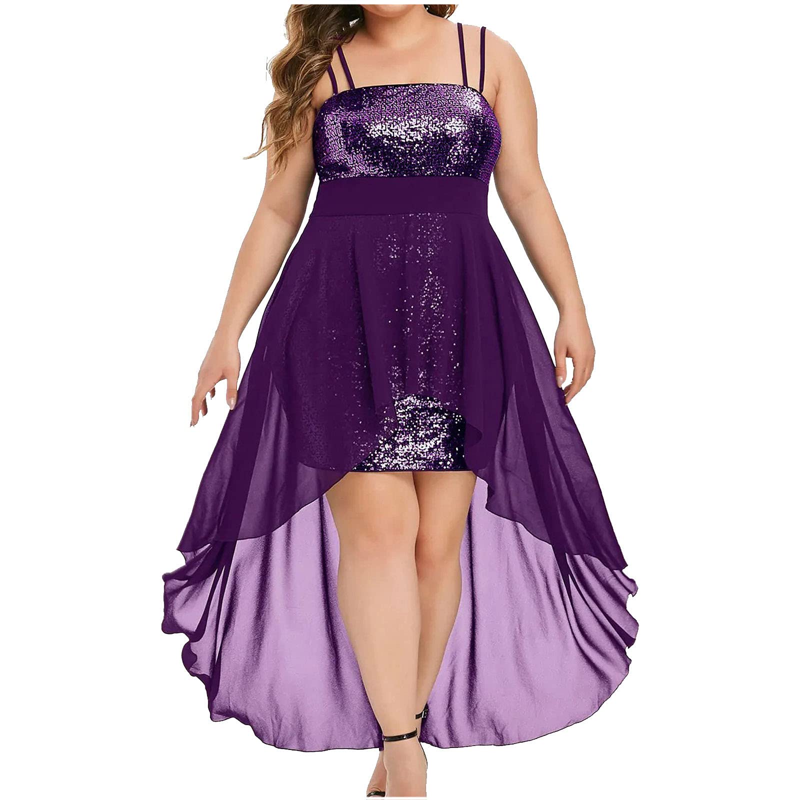 Women Sequin Dress Plus Size Party Cocktail Sparkle Bodice Glitter Prom Formal Long Dress High Low Evening Ball Gown Purple