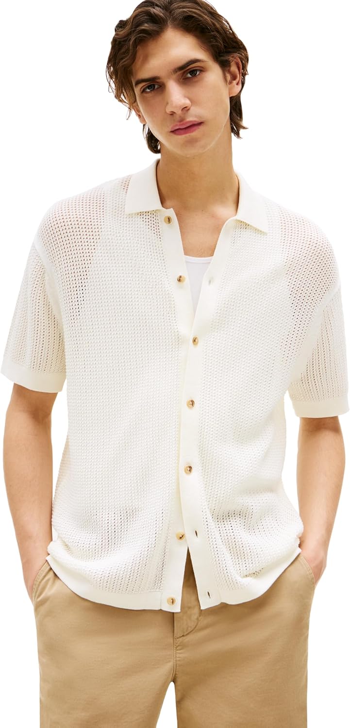 Tommy Hilfiger Mens Short Sleeve Knit Button Down Shirts in Regular Fit, Men's Casual Button Down Summer Shirts