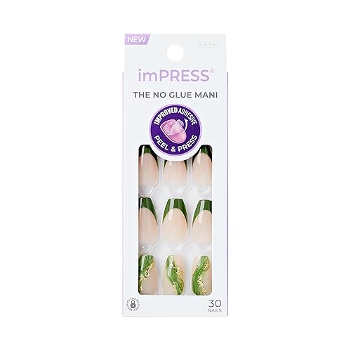 KISS imPRESS No Glue Mani Press On Nails, Design, 'Ballerina', Neutral/green, Medium Size, Coffin Shape, Includes 30 Nails, Prep Pad, Instructions Sheet, 1 Manicure Stick, 1 Mini File