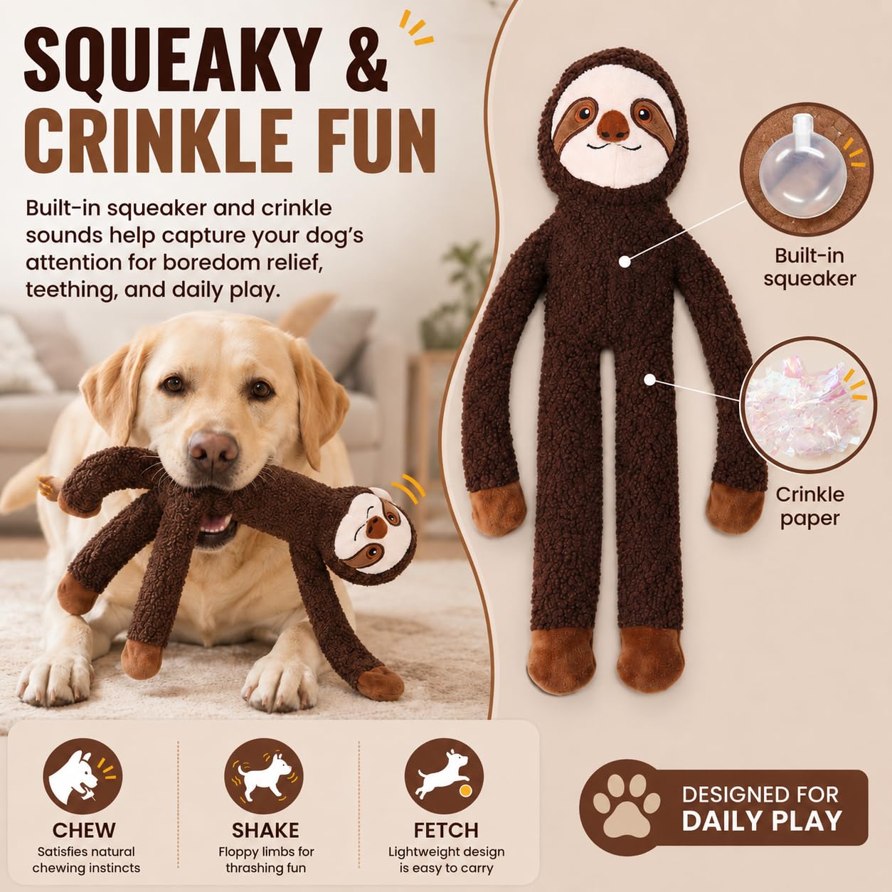 Juguetes para perros grandes sin relleno, paquete de 3 juguetes interactivos de dentición de felpa chirriantes, regalos duraderos y divertidos para razas pequeñas, medianas y grandes