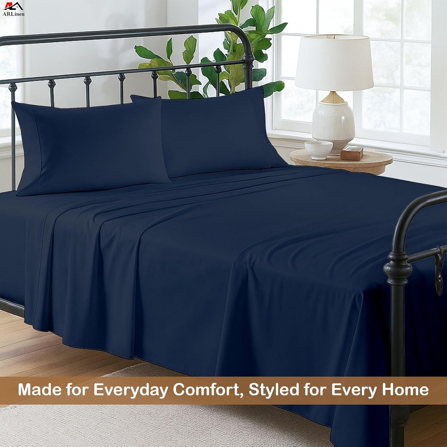 ARlinen Premium Cotton RV Sheet Set - Navy Blue Solid Camper King Size (70" x 80"), Motorhome & Travel Trailer Fitted Sheets for 8-10 Inch Deep Mattress, Soft & Breathable Bedding for RV Beds