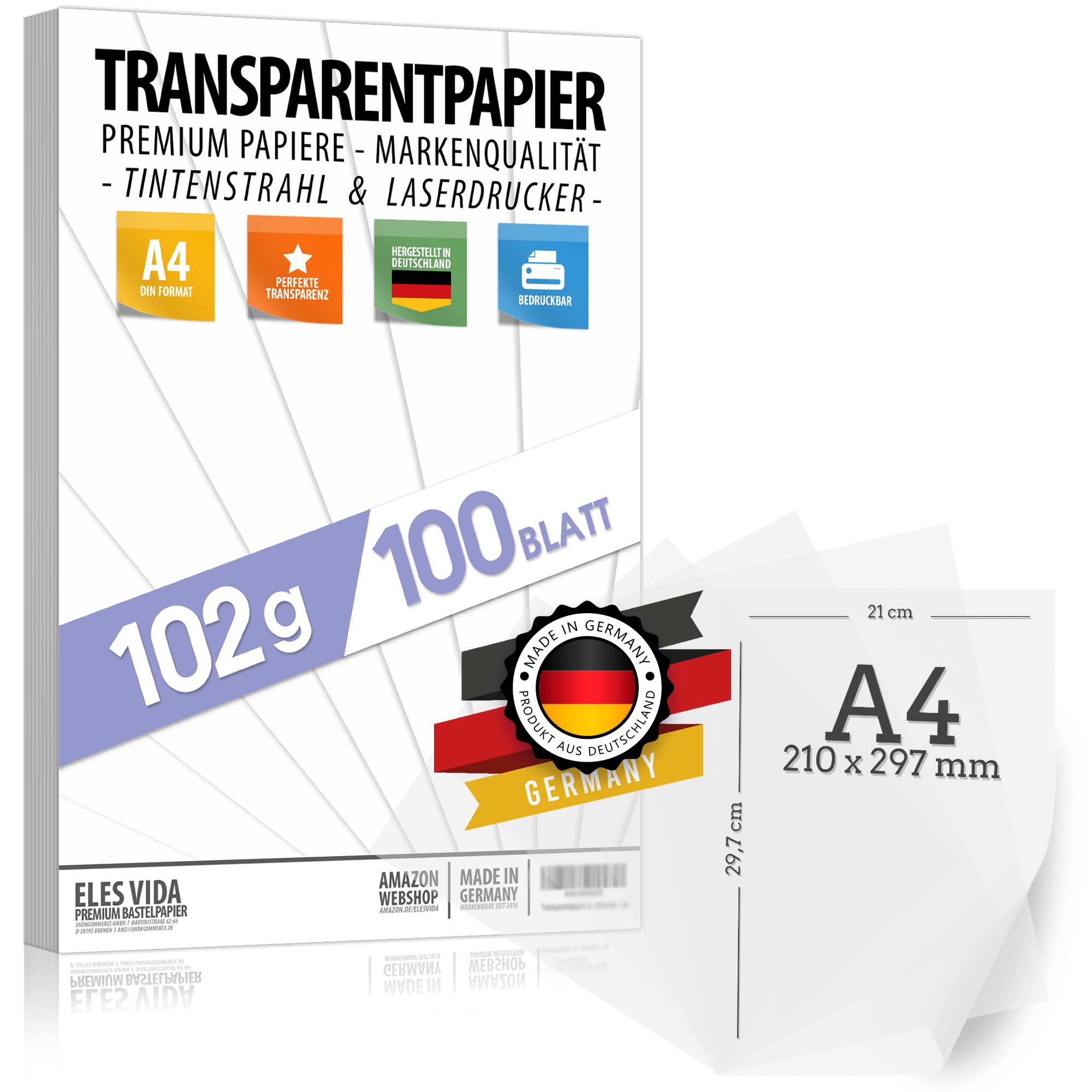 100 hojas de papel DIN A4 transparente PREMIUM 102g para autoimpresión, manualidades -papel de farolillo - de calco, película de transferencia para tarjetas de lugar linterna