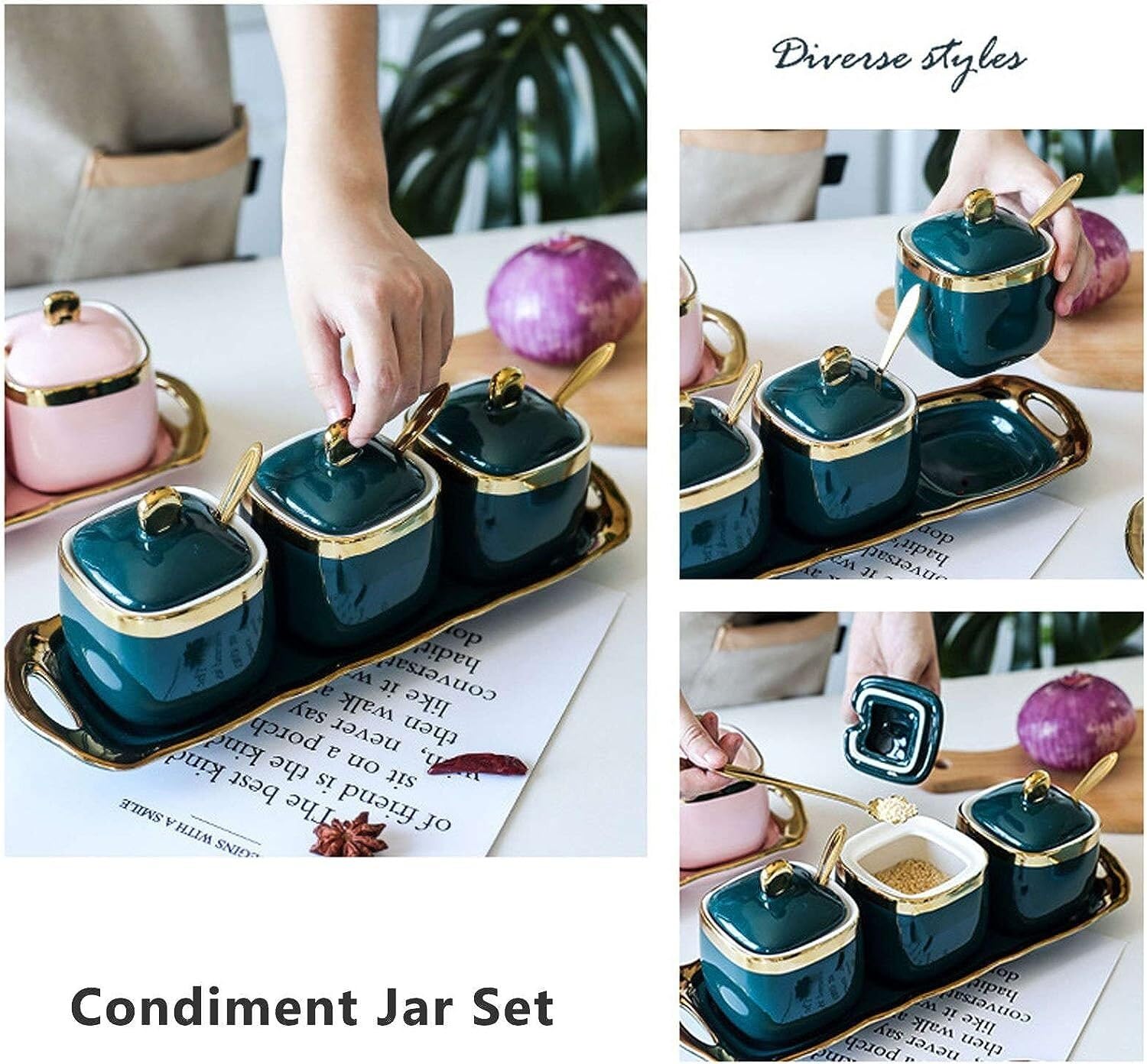 XYNSNDB Zestaw butelek na przyprawy GaRcan Ceramiczny zestaw słoików na przyprawy Pojemnik na przyprawy z łyżką Tacka na pokrywkę do słoików na przyprawy kuchenne (F)