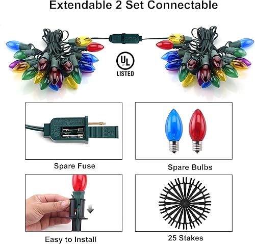 Miniatura 5 de Luces de camino de Navidad para exteriores de 29 pies, 25 paquetes de luces de Navidad C9 con estacas para exteriores, luces de camino de Navidad