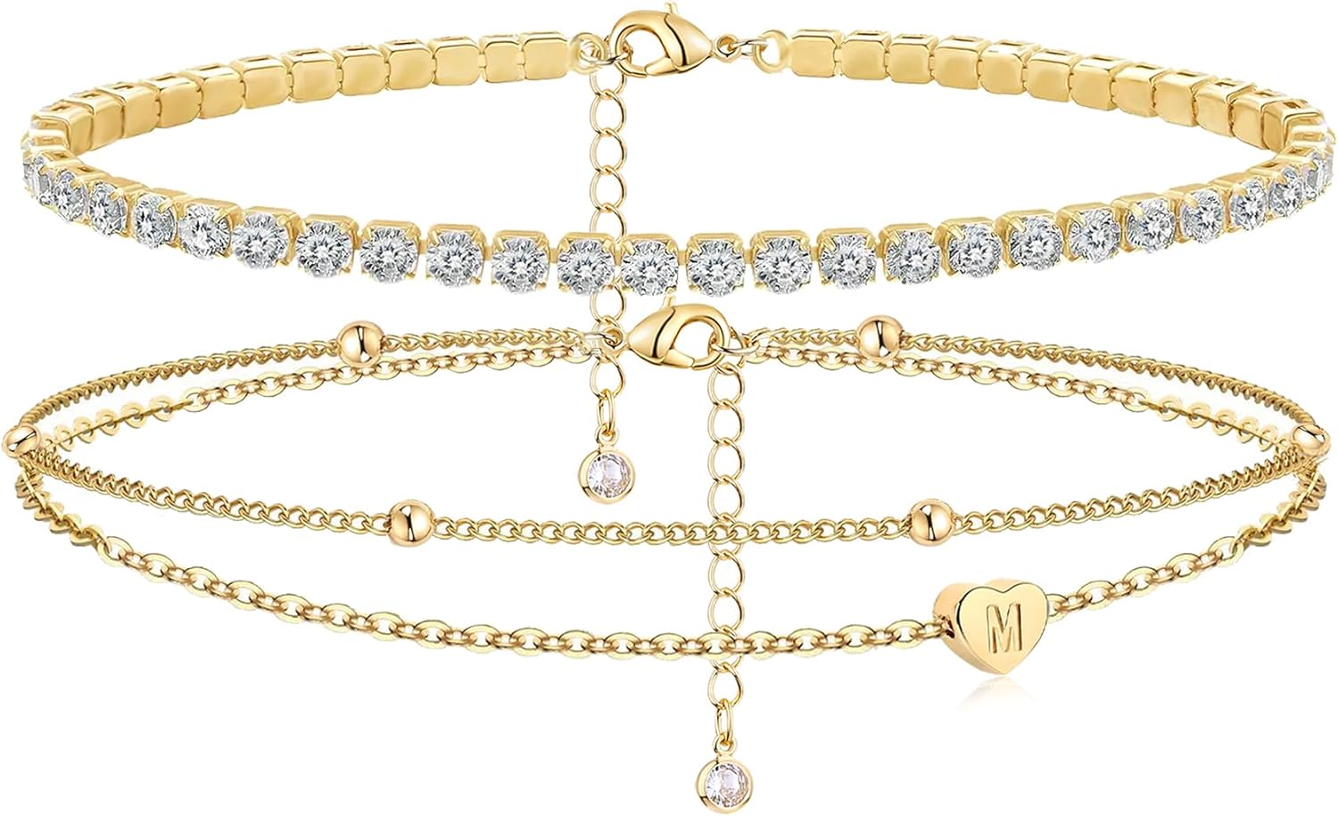 MYYOII Initial Ankle Bracelets for Women, Dainty Gold Layered Heart CZ Bead Anklets, 14K Gold Plated Waterproof Summer Beach Jewelry Set