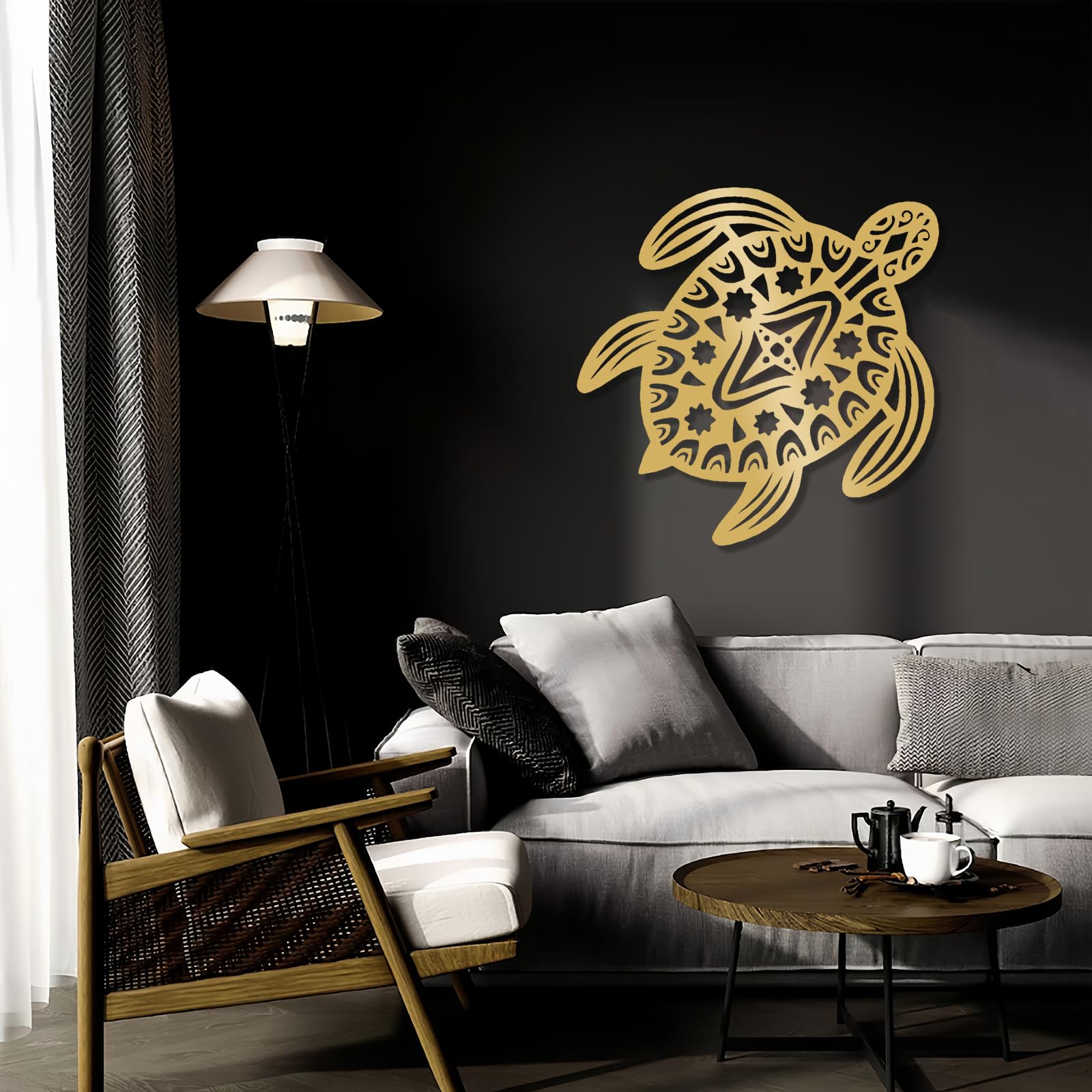 Współczesna abstrakcyjna metalowa dekoracja ścienna żółw morski, sztuka, życie, tematyczny nowoczesny design ocean sztuka zewnętrzna (60 x 60 cm, złoty)