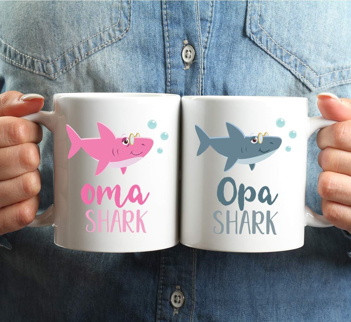 Andaz Press Baby Shark Family 11oz. Coffee Mug Gift Set, Oma Shark, Opa Shark, 2-Pack, Shark Do Do Do Gift Idea Birthday Christmas Ideas Oma Mug Opa Mug Opa Coffee Mug Oma And Opa Christmas