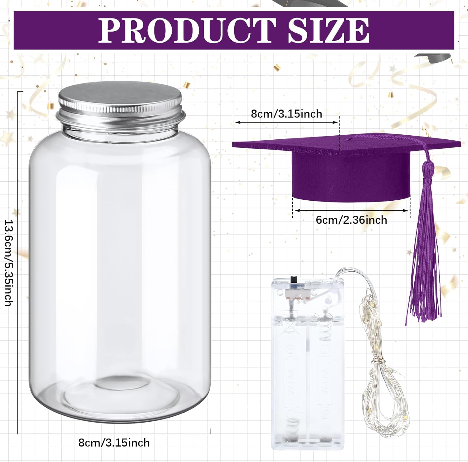 Boao 16 Sets Graduation Table Decoration Set with LED Light up Graduation Decorations for Class of 2026, Grad Jar, Felt Grad Hat and Stickers for High School College(Purple,Vivid)