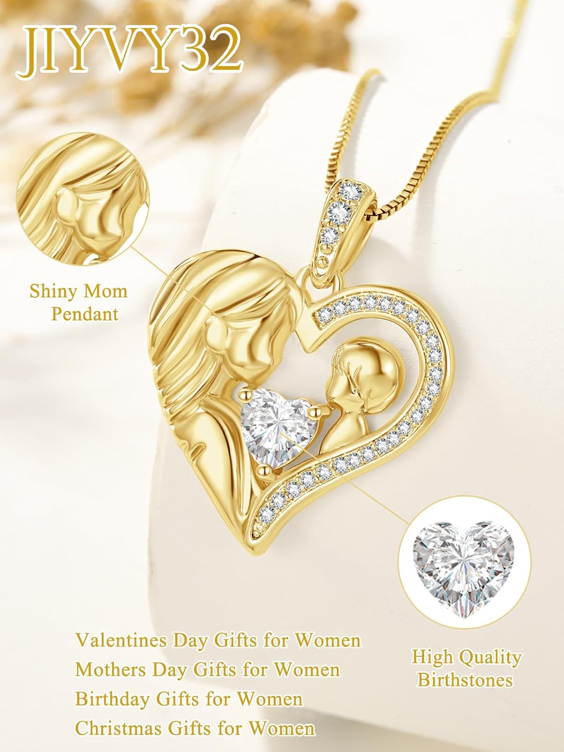 14 Gold Mom Birthstone Heart Necklace Mother and Daughter/Son Love Heart Necklace,I Love You Mom Gifts,Valentines Anniversary Birthday Gifts for Her Wife Mother Grandma Daughter/Son - Image 2