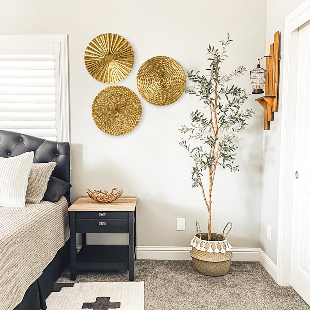 Briful 12" Gold Wall Décor Pack of 3 Metal Flower Plate Wall Art Modern Accent Hanging Wall Decorations For Home Office Bedroom Or Living Room Wall Sculptures