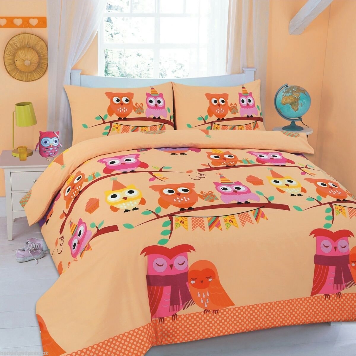 Goldstar® Owl Duvet Cover Animal Printed Bed Linen Quilt Cover Bedding Set with Pillow Case (King, Cute Owl Peach)