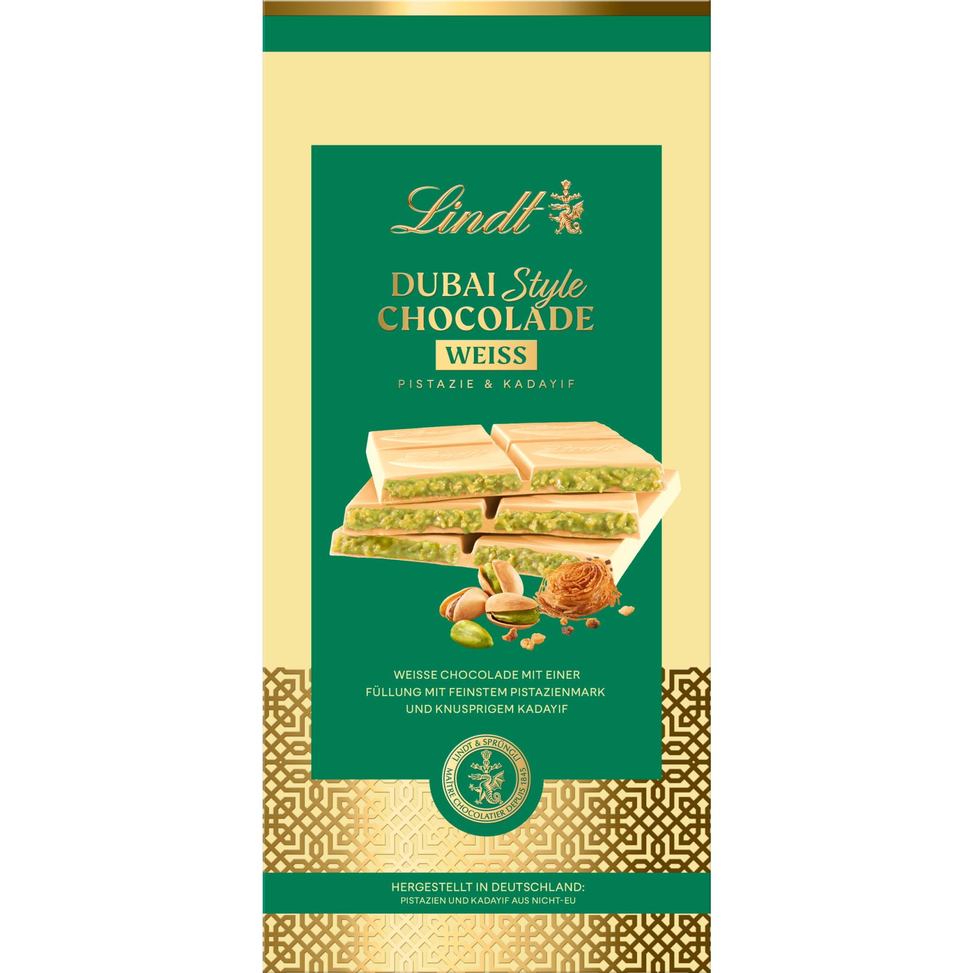 Lindt Schokolade | Dubai Style Chocolade Tafel weiß | 149g | Weiß Schokolade mit einzigartiger Füllung aus Pistazien-Creme und knusprigem Kadayif | Schokoladen-Tafel