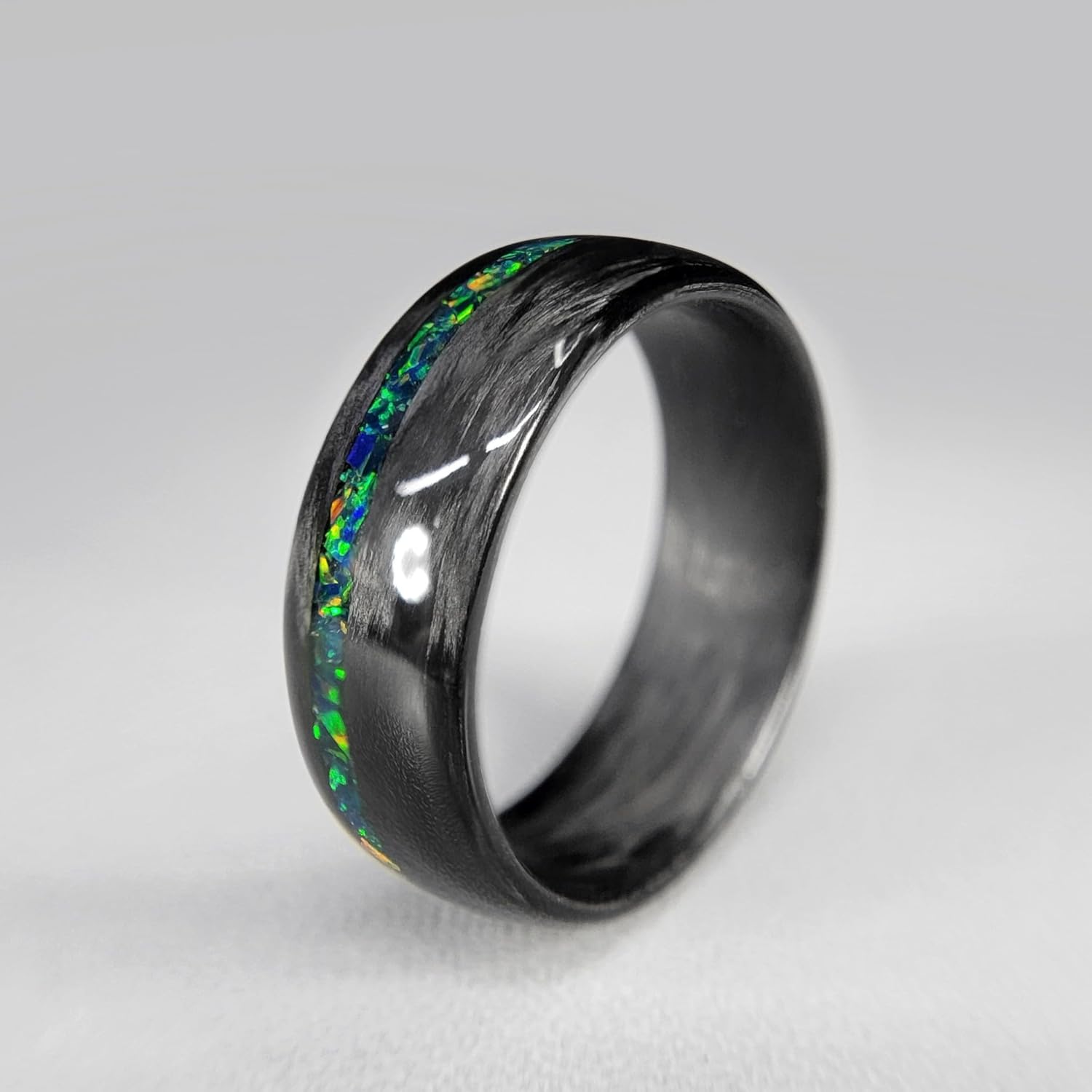 Carbon Fiber Wedding Ring with Emerald Opal Inlay, High Gloss, Handmade in USA