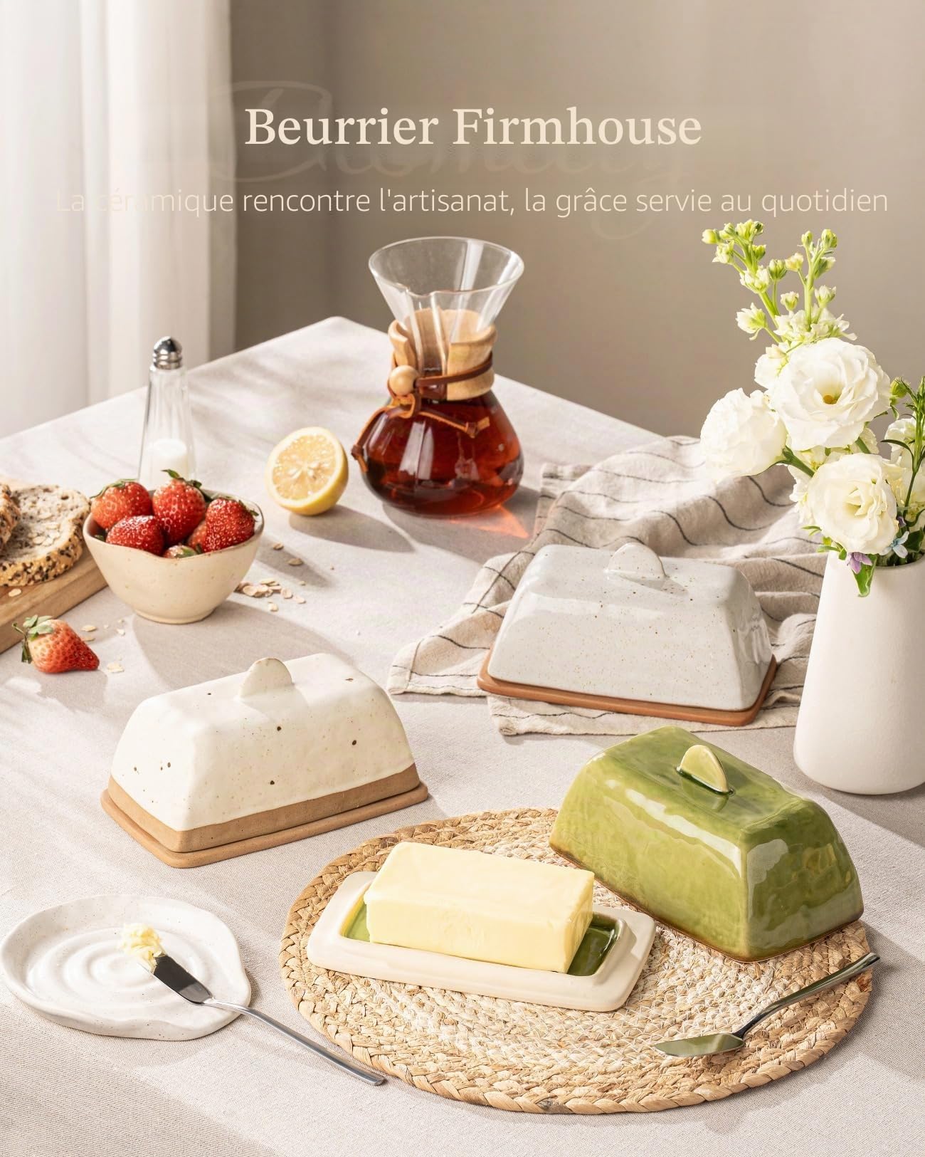 Besmeety Beurrier en céramique avec couvercle et poignée pour plan de travail, garde-beurre européen 200 g, décoration de ferme (vert)