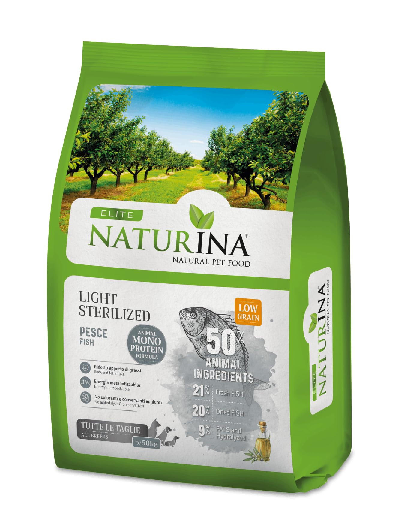 ÉLITE LIGHT/STERILIZED MONOPROTEICO PESCE (41%) LOW MONO GRAIN FORMULA – ALIMENTO COMPLETO PER CANI ADULTI da 5 a 50 kg. Indicato per cani adulti sedentari o sterilizzati e cani anziani.