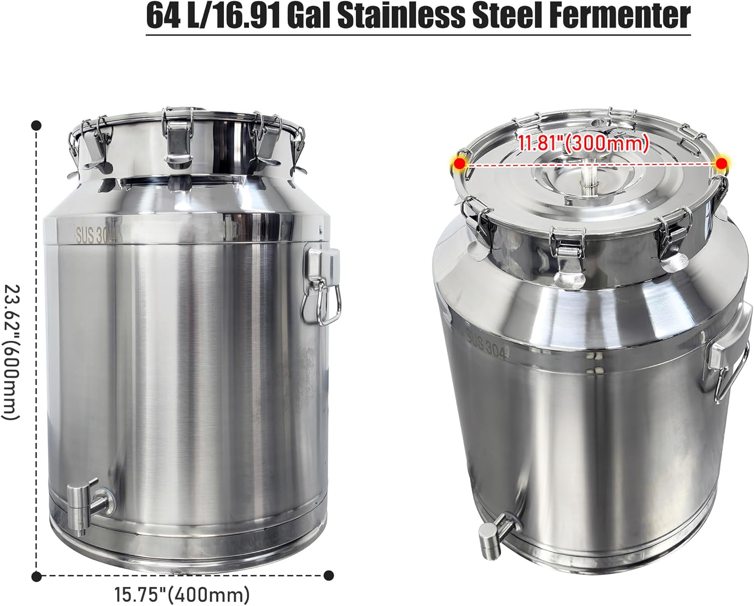 INTSUPERMAI Fermentation Tank 64 L/16.91 Gal Stainless Steel Fermenter Metal Airtight Canister Food Storage Container with Lid and Clamps Stainless Steel Milk Can for Commercial Home Kitchen Farm