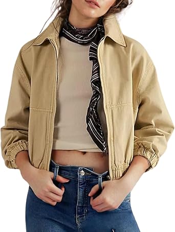 InterNos Womens Cropped Track Jacket Long Sleeve Zip Up Retro Jacket Lightweight Outerwear with Pockets