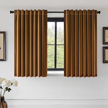 EMEMA Golden Brown Velvet Curtains 2 Panels W40xL45 Back Tab Rod Pocket | Luxury Room Darkening Window Drapes, Soundproof Thermal Insulated for Bedroom Living Room