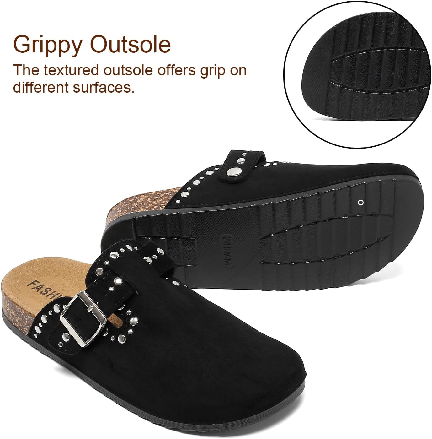 YorFotMae Womens Suede Clogs Mens Leather Slip On Mules Comfortable Adjustable Buckle Arch Support Slippers Cork Footbed Studded Potato Shoes