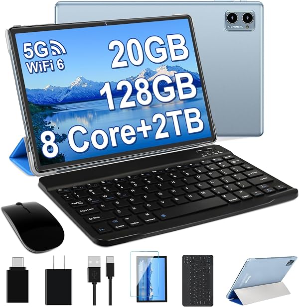 Oangcc Tablet Android 2026 de 10 Pulgadas, Octa-Core, 12GB RAM, 128GB ROM, Expandible a 2TB, 2 en 1 con Teclado y Mouse, 5G Wi-Fi, Bluetooth, GPS, Certificado GMS, Pantalla IPS HD (Azul)
