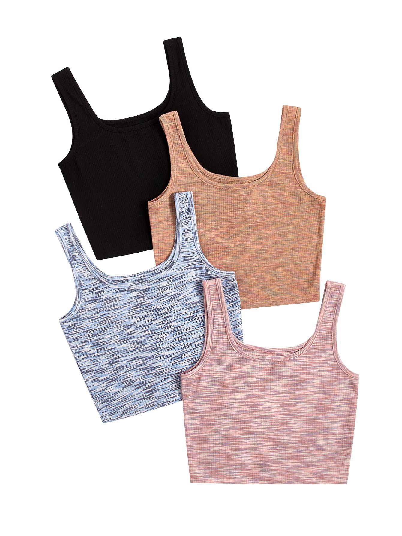 SheInWomen's 4 Pieces Scoop Neck Crop Tops Sleeveless Ribbed Knit Casual Cami Tank Top