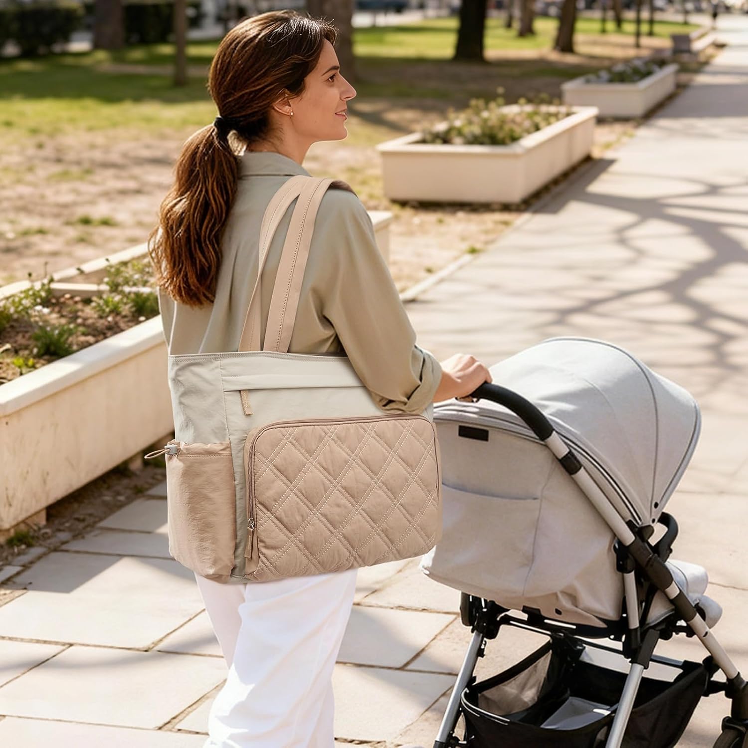 G4Free 3 in 1 Diaper Bag with Insulated Pockets Baby Backpack for Women Men Toddler Diaper Tote with Stroller Buckle Travel Work-Beige Khaki