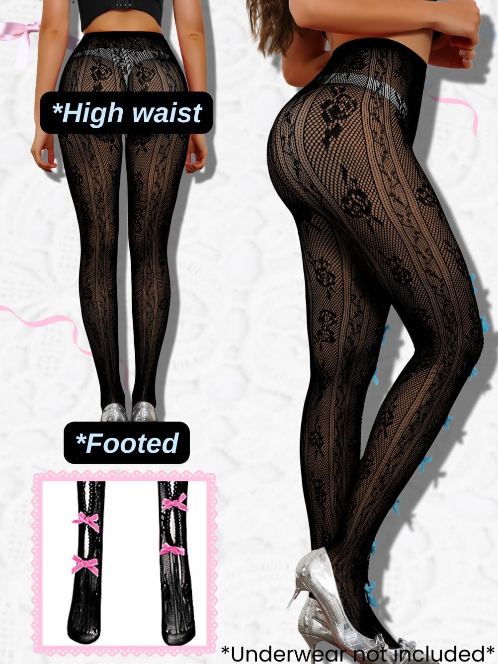 Bow Tights For Women,Sheer Floral Lace Sexy Stockings,Cute Bows Stocking Valentines Date Night Christmas - Image 3