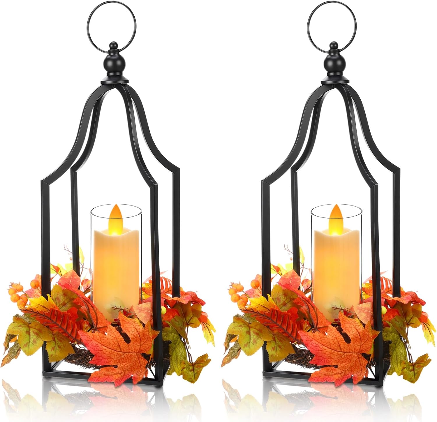 Tuanse 2 Pcs Thanksgiving Decorations for Home Rustic Metal Fall Lantern 14 Inch Flameless Decorative Candle Holder Table Centerpieces with LED Lights for Harvest Hanging Patio Porch(Retro)