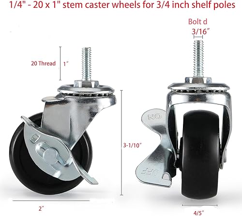 Miniatura 5 de Ruedas para estantería de alambre, juego de 4 ruedas giratorias, vástago roscado de 14 pulgadas, ruedas de repuesto para carrito rodante, piezas de
