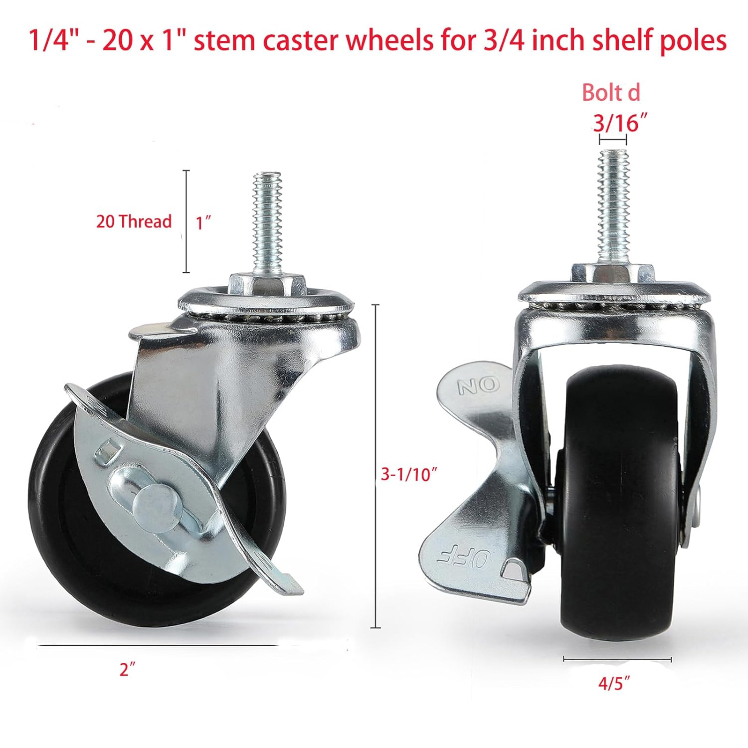Casters for Wire Shelving, 2 Inch Threaded Stem Caster Wheels Set of 4, 1/4"-20 Stem with Brake, Heavy Duty Rubber Replacement Wheels for Rolling Cart, Shelving Racks, Workbench, Utility Cart