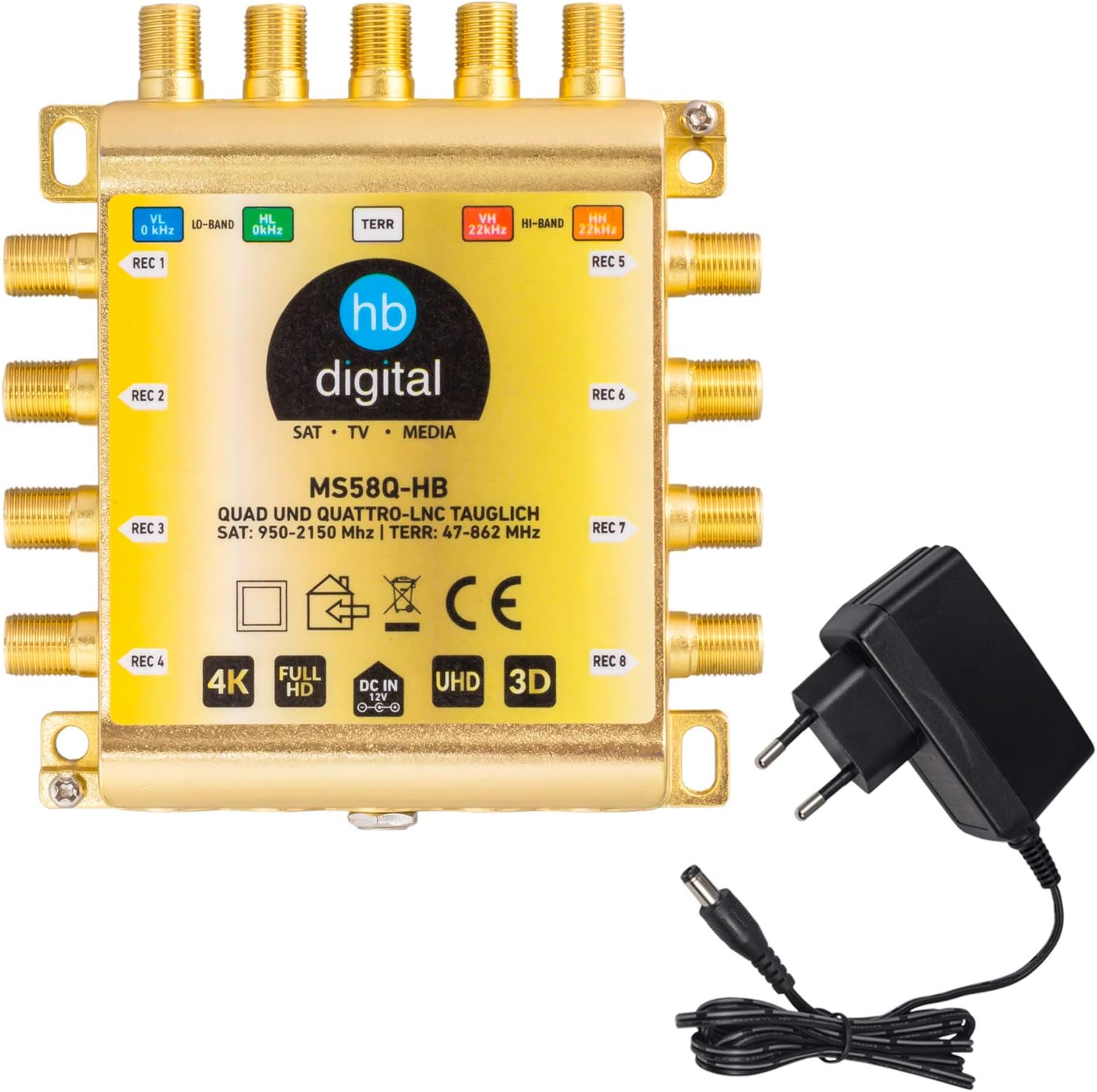 HB-DIGITAL DVB-S/S2 Multiswitch 5/8 | Multiswitch Splitter for 1 SAT, 8 Subscriber Satellite Receiver | Quad & Quattro LNB Suitable | Includes External Power Supply | MS58Q-HB | HDTV FullHD 1080p 4K
