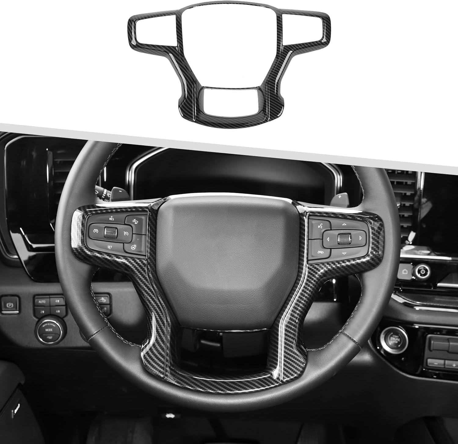 Jimen Steering Wheel Cover Trim Panel Compatible with Chevy Silverado 2019-2023/ Chevy Suburban 2020-2023/ Chevy Tahoe 2021-2023 (Carbon Fiber)