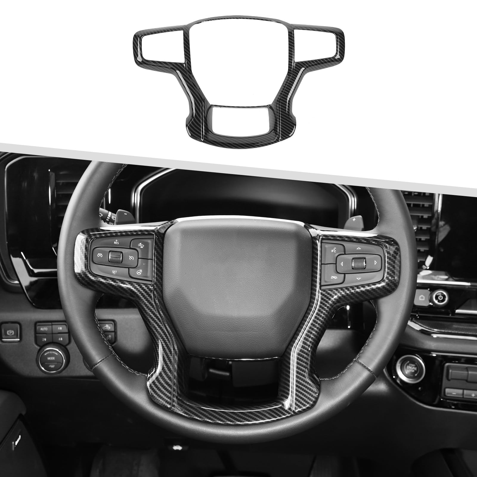Jimen Steering Wheel Cover Trim Panel Compatible with Chevy Silverado 2019-2023/ Chevy Suburban 2020-2023/ Chevy Tahoe 2021-2023 (Carbon Fiber)