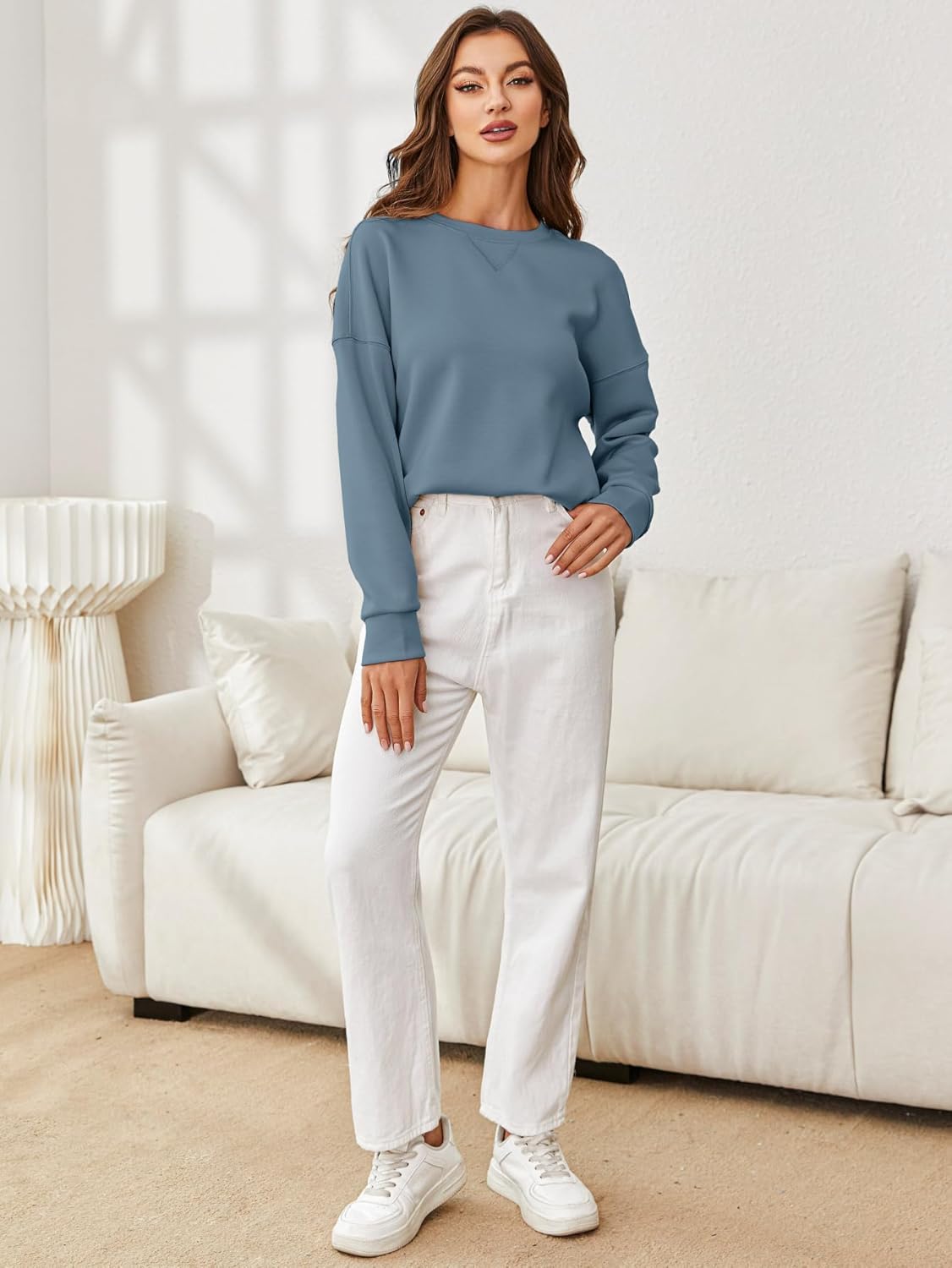 Glamaker Women's Crewneck Cropped Sweatshirt Pullover Stripe Air Essentials Basic Long Sleeve Shirts Casual Loose Fit Outfits - Image 6