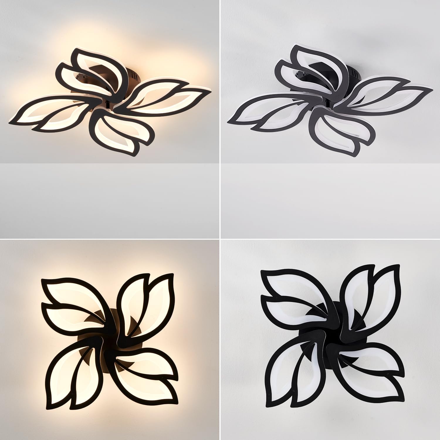 Modern Black Ceiling Light Fixture, 24" Flower Dimmable LED Light Fixtures, Low Profile Flush Mount Ceiling Light with Remote Control for Bedroom, Kitchen, Living Room