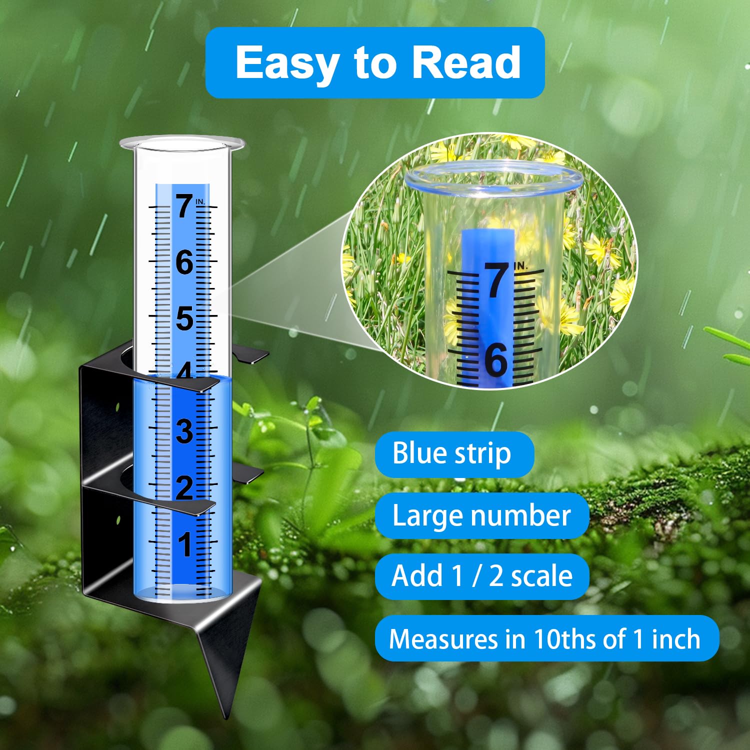 Medidor de lluvia para exteriores, capacidad de 7 pulgadas, mejor calificado con soporte de acero inoxidable, medidor de lluvia de plástico a prueba de congelación, medidor de lluvia grande para