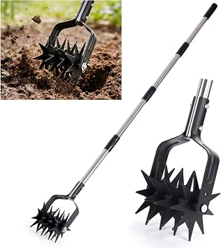 Rotary Cultivator Hand Tiller, 4-in-1 Manual Garden Cultivator with Rake Head, 59" Long Handle Lawn Aerator Tool, Stainless Steel for Aeration, Mixing Soil, Reseeding Grass, Standing Weeder