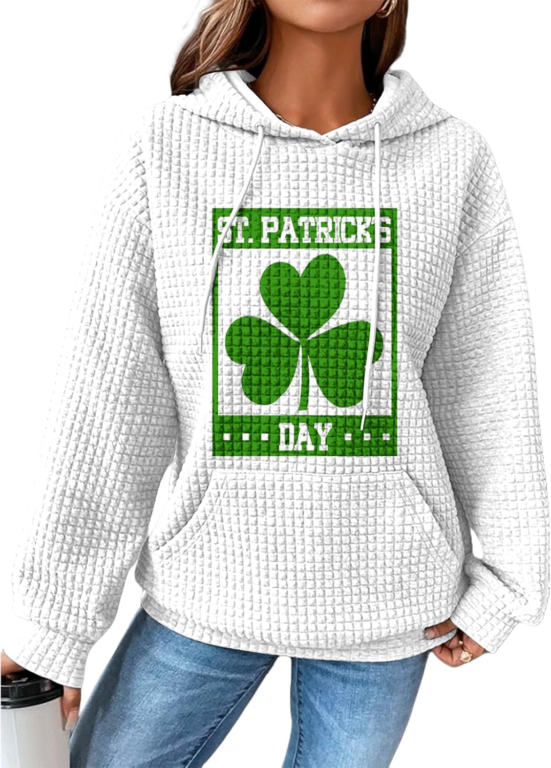 St Patricks Day Hoodies For Women Shamrock Print Waffle Pullover Fashion Long Sleev...