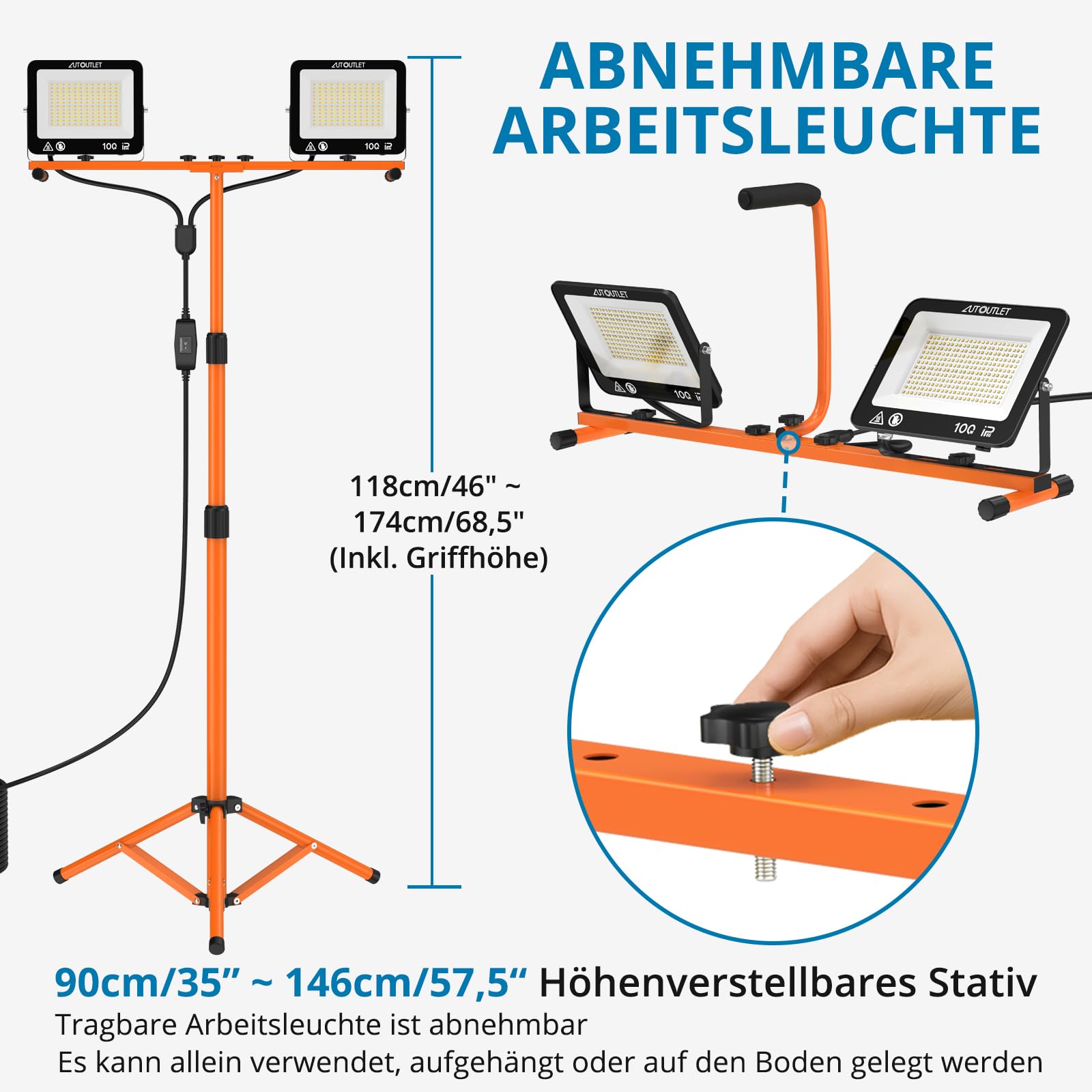 AUTOUTLET Baustrahler LED mit Stativ 200W, 3 Farbtemperaturmodi & 5M Kabel | 19000LM Baulampe, 3000K/5000K/6500K, 118-174cm Höhenverstellbar Stativ, IP66 Wasserdicht, Abnehmbar, für Garage Baustelle