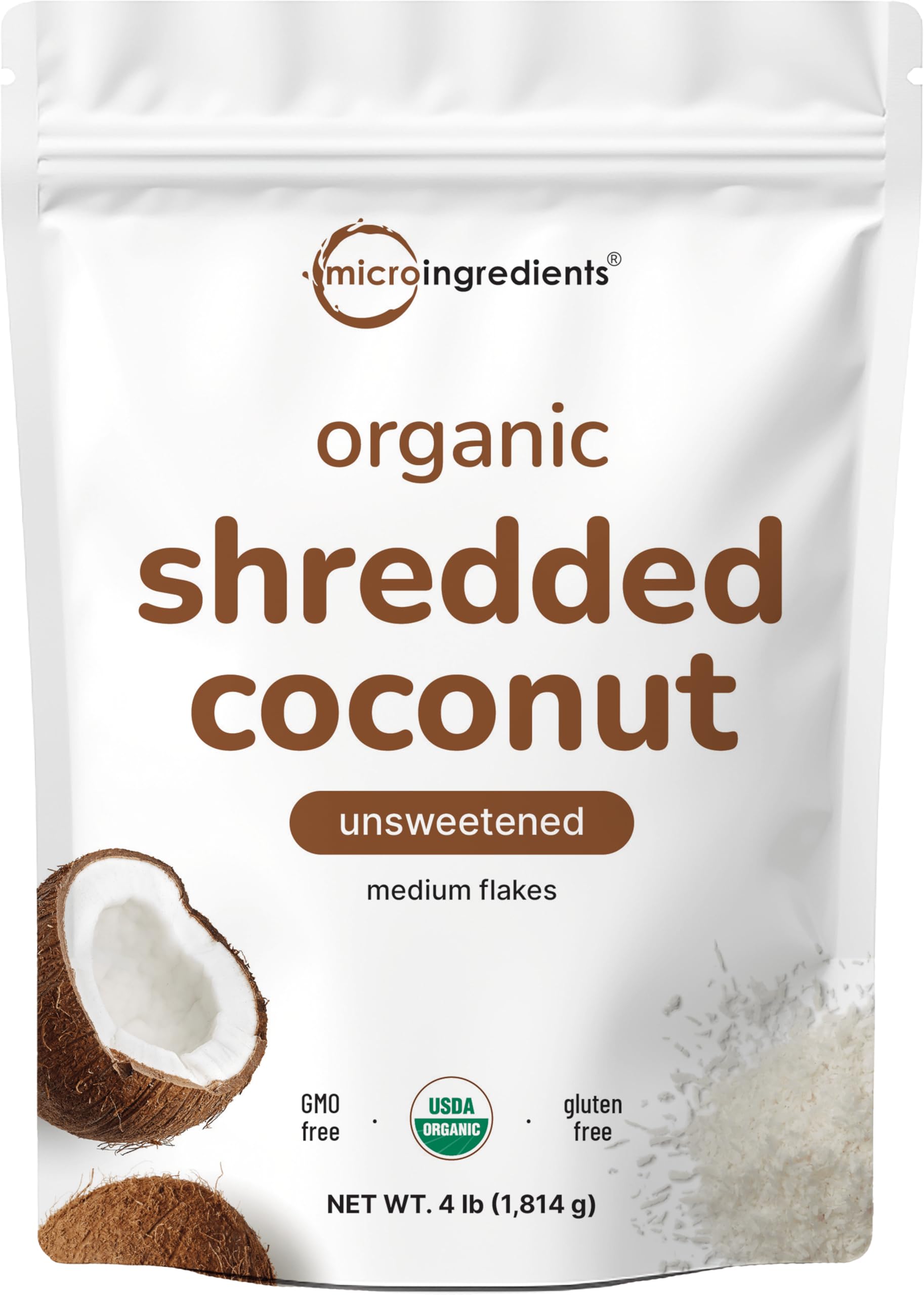 Organic Shredded Coconut Flakes, 4lbs | Raw Unsweetened Flavor, Medium Sized | Great for Baking, Smoothies, or Garnish | Non-GMO, Sugar Free, Keto Friendly