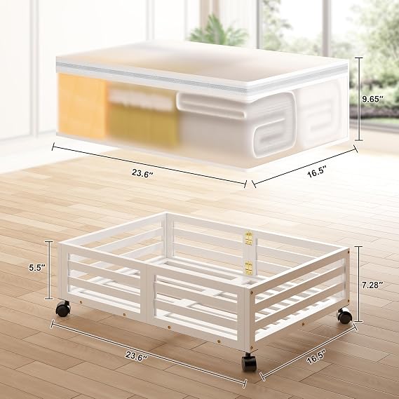 Under Bed Storage with Wheels-Large Bamboo Underbed storage Containers with Large Dust Bag Stackable Under the Bed Shoe Storage Bins for Clothes Books Bedding (2 Packs White, 23.62L×16.54W× 6.51H)