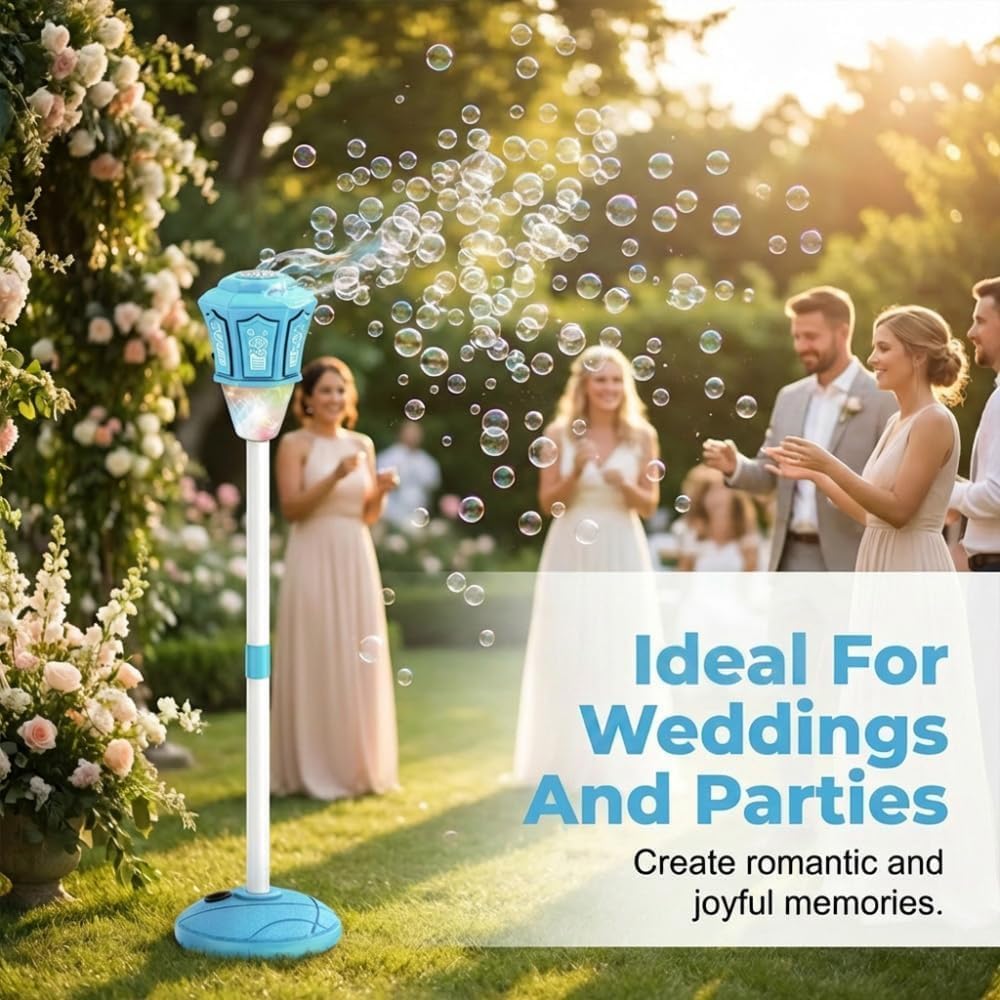 Automatic Bubble Machine, 2026 New Standing Bubble Blower with Lights & Music, 3-Level Adjustable Heights Bubble Wand for Outdoor Party Birthday Wedding (Blue)
