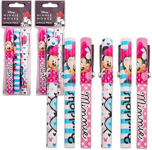 Classic Disney Disney Minnie Mouse - Juego de 6 bolígrafos de Minnie Mouse de oficina, paquete de 6 bolígrafos de Minnie para niños, niñas, mujeres